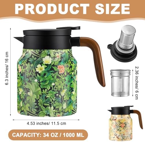 LemonRoad 2 Pcs 35 oz Vintage Floral Pattern Tea Pot with Infuser | Stainless Steel Insulated Tea Pot with Lid and Wooden Handle Thermal Carafe for Hot Drinks Coffee(Green, Pink) - Image 2