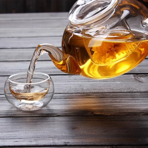 Glass Teapot 600ml/20.3oz with 6pcs Double Wall Teacups Removable Infuser Stovetop Safe Glass Tea Kettle Loose Leaf and Blooming Tea Maker Set - Image 5