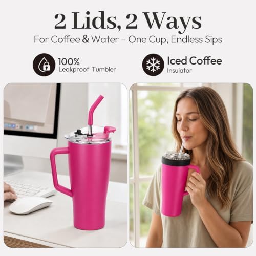 28 oz Iced Coffee Tumbler with Leak-Proof Lid – Stainless Steel Vacuum Insulated Travel Mug & Sleeve, Keeps Drinks Hot or Cold (Pink) - Image 6