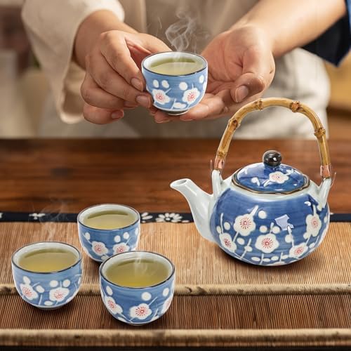 Japanese Tea Set, Ceramic Floral Tea Pot and 4 Pieces Cups - Image 6