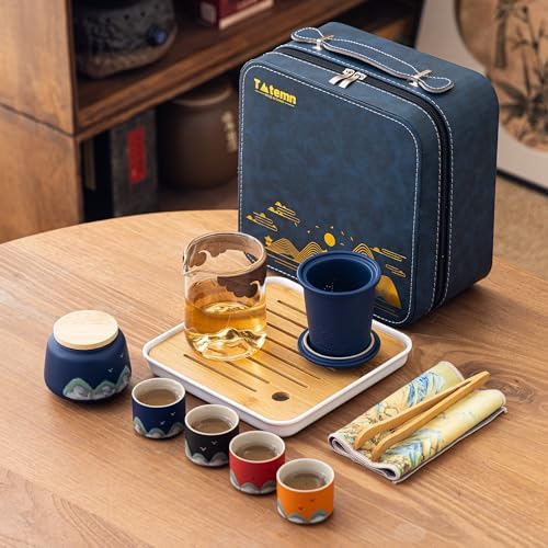 Portable Gongfu Tea Set with Travel Case, Ceramic Tea Set with Glass Teapot Infuser, Bamboo Tea Tray and 4 Ceramic Teacups, All-in-One Travel Tea Kit for Home Office Outdoor Picnic Camping - Image 4