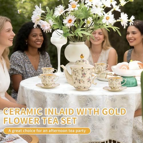 TATSUMI Country Roses Porcelain Tea Set, European Ceramic tea set for adults,Vintage Style, For Women and Tea Parties (Yellow, 13 Pieces Set) - Image 6