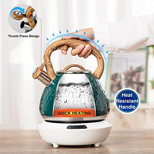 Tea Kettle, Toptier Teapot Whistling Kettle with Wood Pattern Handle Loud Whistle, Food Grade Stainless Steel Tea Pot for Stovetops Induction Diamond Design Water Kettle, 2.7-Quart Dark Green - Image 3