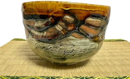 Hand-made Japanese Mino Ware Ceramic Matcha bowl Engraved with Lines Pattern 4.45 Inches Diameter Tea Cup for Tea Ceremony from Japan (Amber) - Image 2