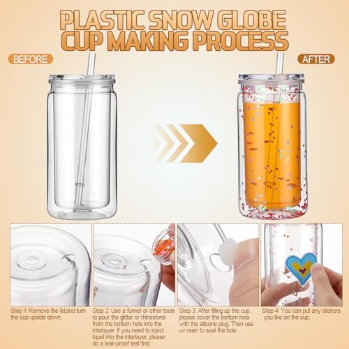 Willinglong 10 Pack 16 oz Snow Globe Cups Wall Double Acrylic Lid Straw - Image 5