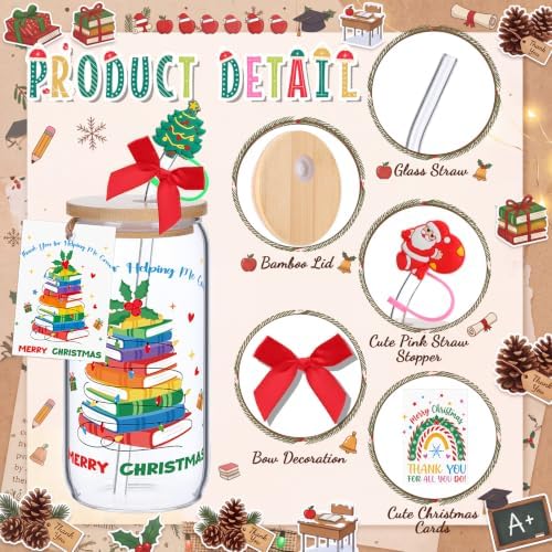 Vesici 6 Set Christmas Teacher Appreciation Gifts Glasses Cups 16 oz Women Drink Cup with Lid Straw and Stopper Can Shaped Thank You End of Year Gifts for Teacher from Student School Present(Classic) - Image 4