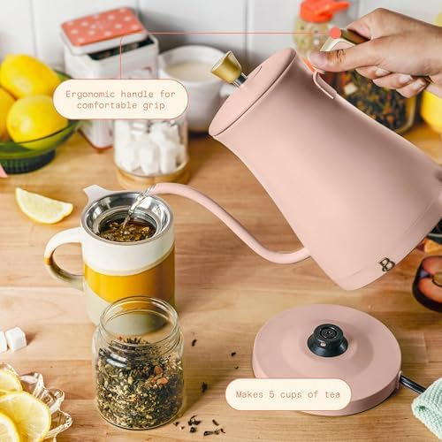 Electric Gooseneck Kettle 1 Liter 1200W Fast Boil with Precision Pour Spout, Stainless Steel Interior, Auto Shut-Off & 360° Swivel Base (Rose) - Image 4
