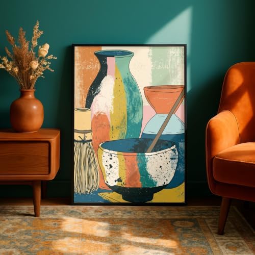 Matcha Tea Set Wall Art, Colorful Abstract Kitchen Print with Bowl, Whisk and Vases, Mid Century Boho Decor - 16x24 in (40x60 cm) - Image 3
