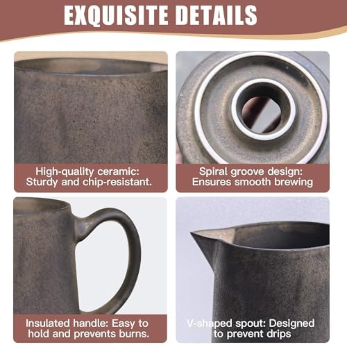 Ceramic Pour Over Coffee Maker Dripper - Uses Standard #2 & #4 Paper Filters, 450ml/15oz, Rusty, Barista Style for Home & Office - Image 6
