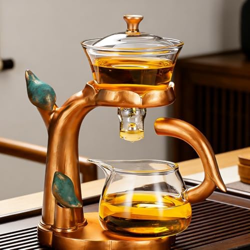 RORA Lazy Kungfu Glass Tea Set Semi Automatic Drip Rotating with Infuser Glass Teapot (Brown Bird) - Image 4