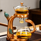 RORA Lazy Kungfu Glass Tea Set Semi Automatic Drip Rotating with Infuser Glass Teapot (Brown Bird) - Image 4