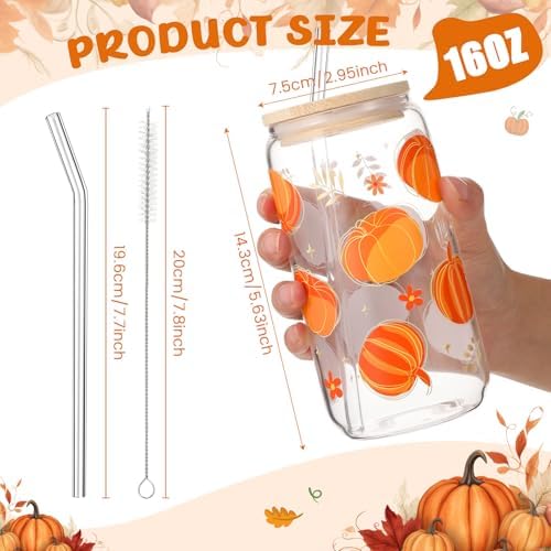 6 Pack Fall Orange Pumpkin Glass Cups with Lids and Straws 16oz - Image 2