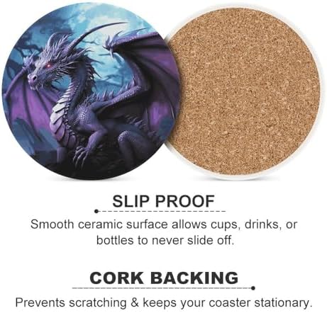 6PCS Purple Dragon Purple Moon Coasters Non-Slip Round Drink Coasters with Ceramic Stone and Cork Base, Heat Resistant Absorbent 33.00Stone Coaster Set for Kinds of Mugs and Cups, 4 Inch - Image 6