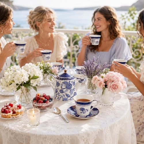 Bone China Tea Set for Adults, 13-Piece Blue and White Porcelain Tea Set for 4, Vintage Floral Tea Set With Teapot and Teaspoons, Tea Party Sets for Women Gift (Blue B) - Image 7