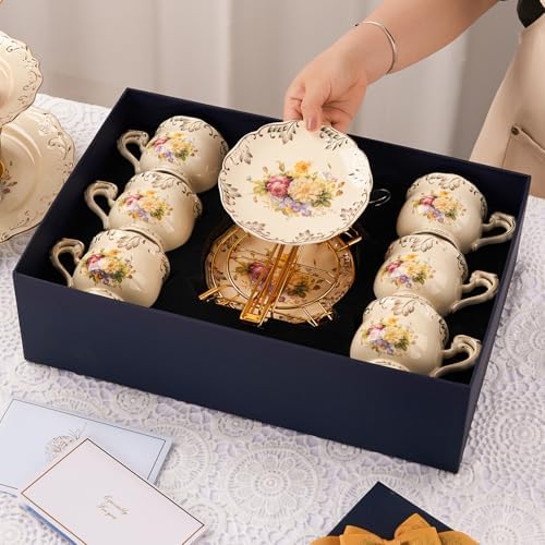 YOLIFE Tea Cups and Saucers Set of 6, 8 OZ Pink Rose(with Gift Box) - Image 7