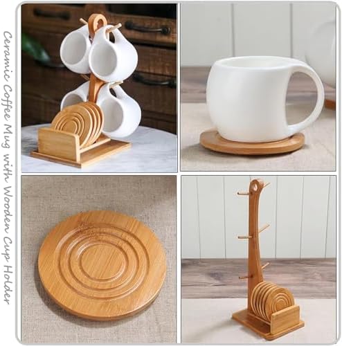 Bamboo Coffee Mug Holder Tree, Ceramic Coffee Cup Shelf Set 6 Piece Creative Cup Stand and Saucer Combination Coffee Mugs Kitchen Shelf Set (5x6.1x10) - Image 5