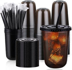 tchrules 100 Set 16oz Black Plastic Disposable Cups with Lids and Straws by TCHRULESHOME