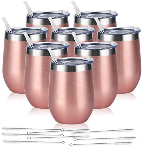 8 Pack 12Oz Stainless Steel Wine Tumblers, Insulated Wine Tumbler, Double Wall Insulated Wine Glass, Stainless Steel Stemless Wine Cups with Lids for Coffee, Wine, Cocktails, Champaign, Rose Gold by Lifecapido