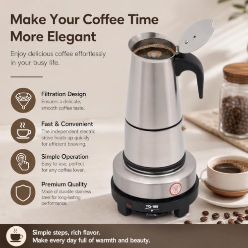 Moka Pot Stainless Steel Coffee Pot Stovetop Espresso Maker Percolator Italian Coffee Maker 300ml/10oz/6 cup W/Electric Stove (6 Cup) - Image 4