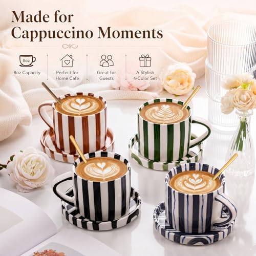 Unittype 8oz Cappuccino Cups Set of 4 with Saucer and Gold Spoons Ceramic Retro Hand Painted Striped Coffee Mugs with Handle, 4 Colors Art Cup, Dishwasher & Microwave Safe for Espresso, Latte - Image 5