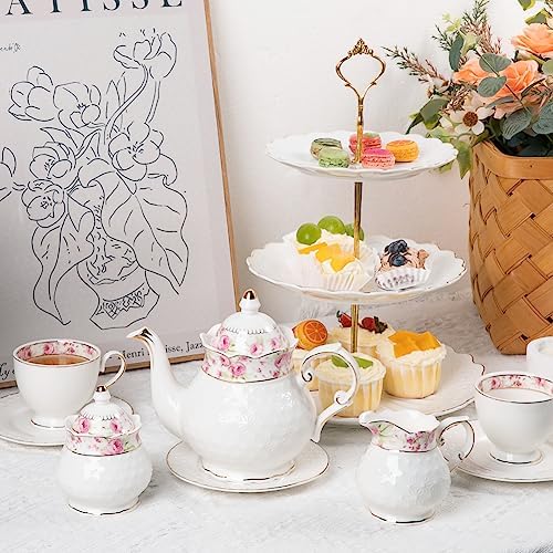 Sweejar 21 Piece Porcelain Tea Set, Vintage British Floral Relief Gold Rimmed Teapot Cup and Saucer Set, Tea Set Service with Teapot, Sugar Bowl, Milk Jug, Spoons, Tea Cup and Saucer Set of 6(Flower) - Image 5