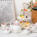 Sweejar 21 Piece Porcelain Tea Set, Vintage British Floral Relief Gold Rimmed Teapot Cup and Saucer Set, Tea Set Service with Teapot, Sugar Bowl, Milk Jug, Spoons, Tea Cup and Saucer Set of 6(Flower) - Image 5