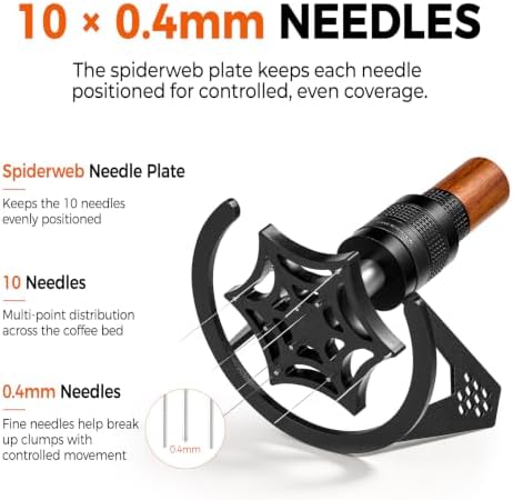 IKAPE 51mm Mantis WDT Distribution Tool with Clean Brush, Espresso Stirrer Distribution Tool for Barista, 10 Needle Espresso Stirrer with Dosing Funnel &Stand, Adjustable Needle Height, Walnut Handle - Image 5