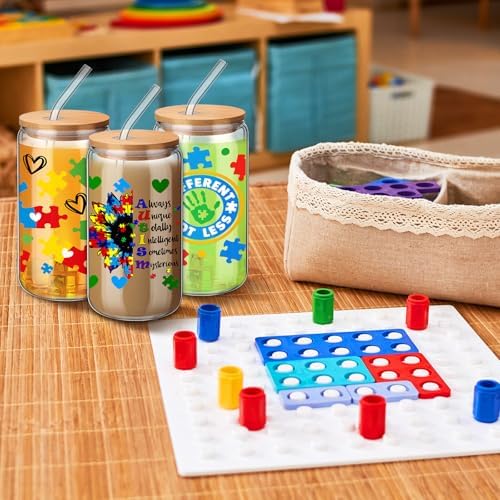 SiliFine 6 Pcs Autism Awareness Glass Cups, 16 oz with Lids - Image 6
