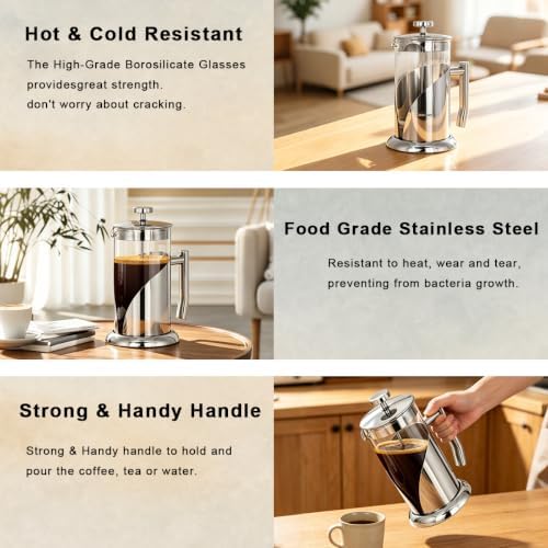 Silver French Press Coffee Maker – 34oz Borosilicate Glass, 4-Level Stainless Steel Filter System (Extra Fine Filtration), Heat & Cold Resistant, Dishwasher Safe – Modern Silver Finish - Image 3