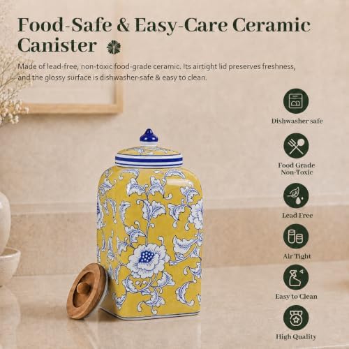 12.5" H Ceramic Kitchen Canisters for Countertop, Tea & Coffee Bean Storage Canister with Airtight Lid, Hand-painted Chinoiserie Decor Ginger Jar for Home Decor, 155 fl oz - Yellow Peony - Image 6