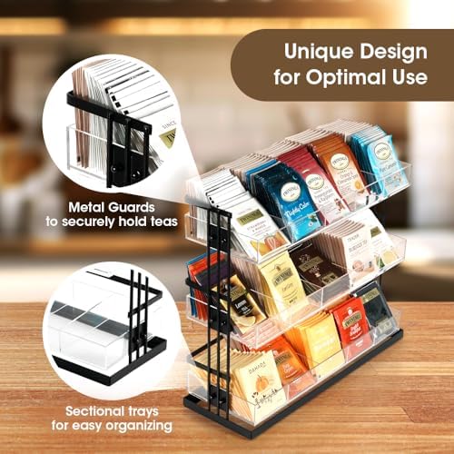 J JACKCUBE DESIGN Tea Bag Organizer Steel and Acrylic 3 Tier, 15 Compartment Tea Bags Sugar Packets Coffee Station Storage Holder for Cabinet Countertop Office (Black)- MK956A - Image 5