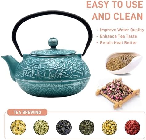 Cast Iron Tea Kettle,SECHUDO Teapot Coated with Enameled Interior for Loose Tea,Cast Iron Teapot with Stainless Steel Infuser for Stovetop Safe (30.4oz-Pattern-5) - Image 3