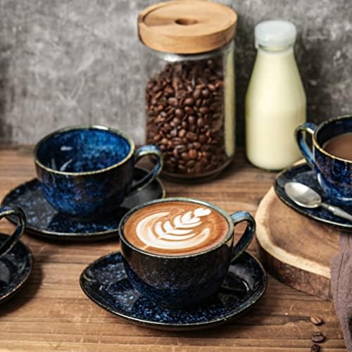 vicrays 6.5 oz Cappuccino Cups with Saucers, Set of 4, Ceramic Coffee Cup for Au Lait, Double shot, Latte, Cafe Mocha, Tea (Starry Blue) - Image 4