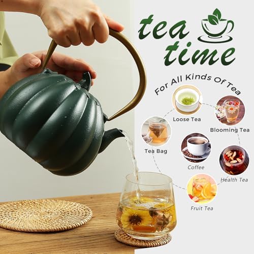 Pumpkin Cast Iron Teapot with Infuser - Japanese Kettle with Enamel Interior for Loose Leaf Brewing, 40oz Traditional Tetsubin, Stainless Steel Filter, Stovetop Safe (Dark Green) - Image 5
