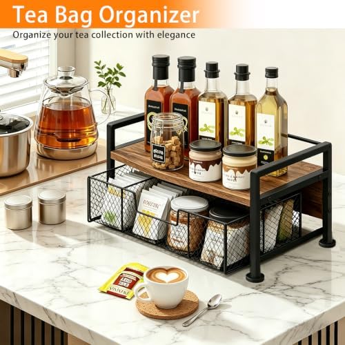 Tea Bag Organizer, Wooden Tea Box with Drawer and Top Tray, Rustic Brown - Image 4