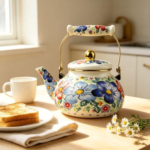 Floral Enamel Tea Kettle 2.5L Vintage Stovetop Teapot for Hot Water Tea - Image 3