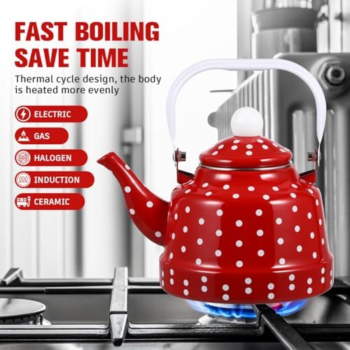 DOITOOL Enamel Teapot Cast Iron Stovetop Tea Kettle Red Vintage Tea Kettle for Boiling Water Kitchen Pot for Home Entertaining Housewarming Gift 8.26 X 8.26 X 3.14 in - Image 2