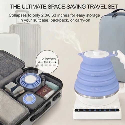 Portable Coffee Maker Pour Over, Travel Coffee Maker Set + Travel Electric Kettle With Temp Control, Collapsible Portable Tea Kettle for Traveling, Hotel, Office, BPA-Free Silicone, 110V, Blue - Image 2