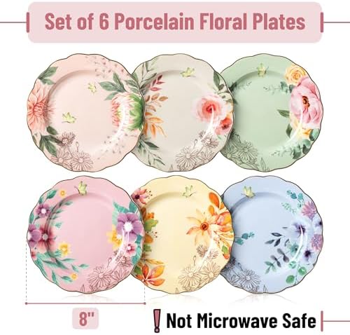 BTaT- Porcelain Floral Plates Set, 6 Pack, 8 Inch - Image 2