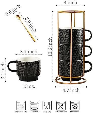 LYEOBOH Stackable Coffee Mugs Set of 4 with Rack & Spoons Coffee Mug Set 13 OZ., Ceramic Embossed Grinding Demitasse Cups Set Cappuccino Cup Halloween for Coffee, Latte, Macchiato, Espresso, Black - Image 2