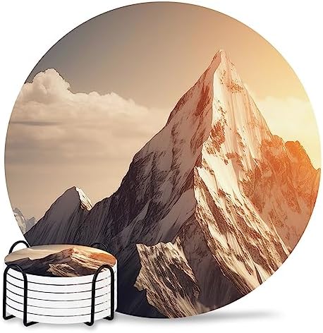 Coasters for Drinks Set of 6 with Holder, Mountains Natural Landscape Alps Ceramic Cup Mat, Absorbent Ceramic Stone Coasters with Cork Base for Coffee, Cups, Wooden Table, Home Decor 4 Inch by Daleng