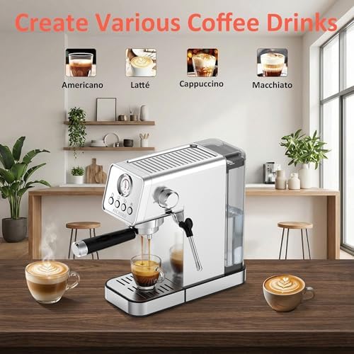 AYCHIRO 20 Bar Espresso Machine with Pressure Gauge, Compact Semi-Automatic Espresso Maker with Steam Wand, 1350W Fast Heating Coffee Machine with Removable 37oz Water Tank for Home Office - Image 6
