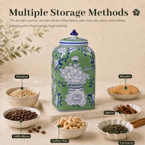 12.5" H Ceramic Kitchen Canisters for Countertop, Tea & Coffee Bean Storage Canister with Airtight Lid, Hand-painted Chinoiserie Decor Ginger Jar for Home Decor, 155 fl oz - Green Peony - Image 4