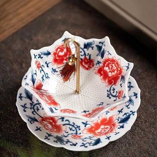Chinese Blue and White Porcelain Tea Infuser - Umbrella Shape Ceramic Loose Leaf Tea Strainer with Rotating Filter, Traditional Kung Fu Accessories, Elegant Kung Fu Brewing Tool for Teapot or Cup(Red) - Image 6
