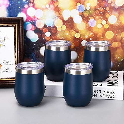 6 Pack Stainless Steel Wine Tumblers, 12Oz Insulated Wine Tumbler, Double Wall Insulated Wine Glass, Stainless Steel Stemless Wine Cups with Lids for Coffee, Wine, Cocktails, Champaign, Navy Blue - Image 2