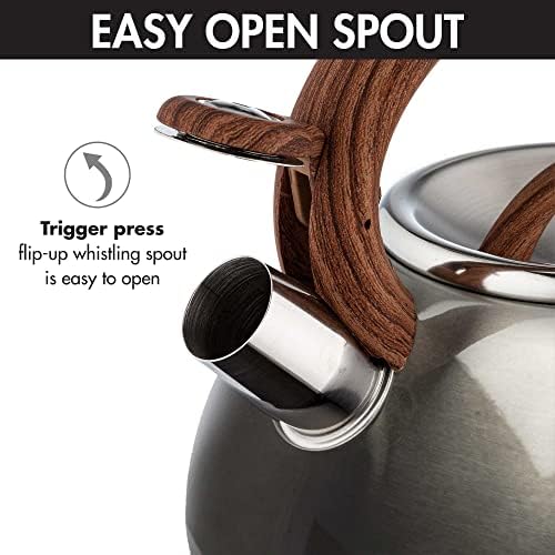 Primula Avalon Whistling Stovetop Tea Kettle, Food Grade Stainless Steel Wide Mouth, Fast to Boil, Cool Touch Handle, 2.5-Quart, Gunmetal Grey and Wood-Look - Image 4