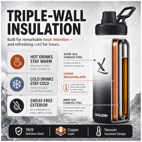Lexlion Tea Infuser Water Bottle 22 Oz – Triple Wall Insulated Stainless Steel, Loose Leaf & Fruit Strainer, 3 Leakproof Lids, BPA-Free Silicone Sleeve, Reusable Thermal Mug - Image 6