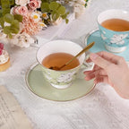 KAMMAK Ceramic Coffee Cups Saucers Set of 2, Porcelain Espresso Cups with Saucers, 8.12 oz Handcrafted Elegant Bone China Tea Cups, Blue & Sage Green Flower Teacup for Party, Office, Women Gift - Image 3
