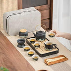 Chinese Gongfu Tea Set tea kit, Tea Gift sets,15-Piece Ceramic Tea Service with Teapot, 6 Cups, Storage Jar, Tea Tray, Black and Teal Mountain Design with Gray Travel Case - Image 3