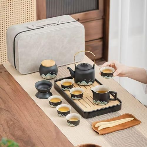 Chinese Gongfu Tea Set tea kit, Tea Gift sets,15-Piece Ceramic Tea Service with Teapot, 6 Cups, Storage Jar, Tea Tray, Black and Teal Mountain Design with Gray Travel Case - Image 3